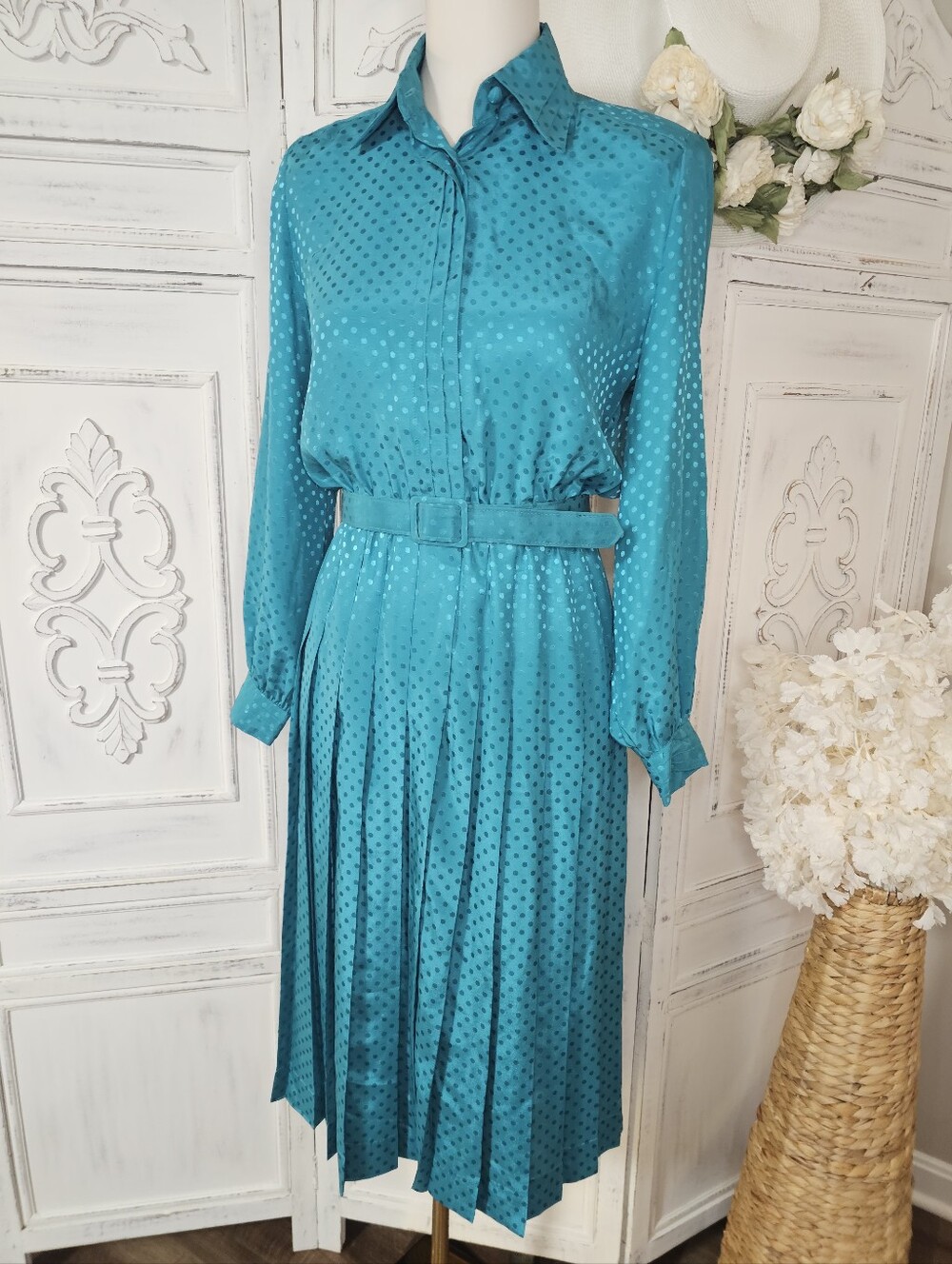 Vintage Schrader Turquoise Button Down Pleated Shirt Midi Dress